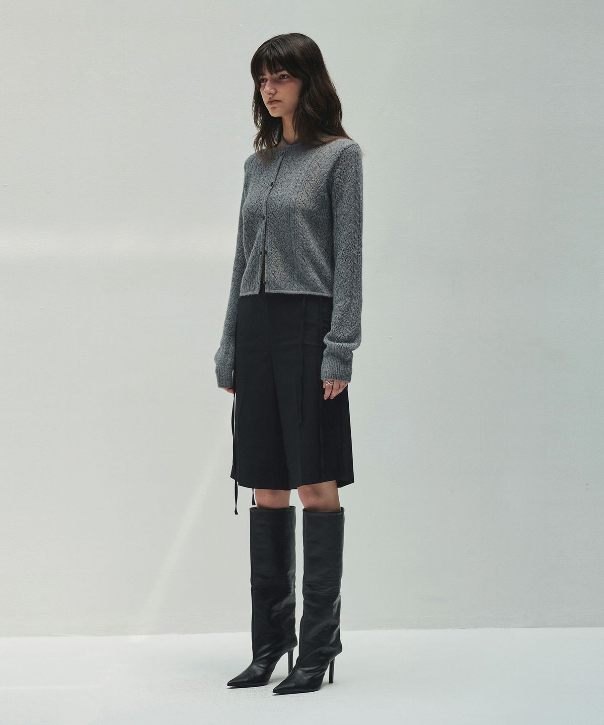 다이애그널(DIAGONAL) LACE PUNCHING KNIT CARDIGAN (melange grey)