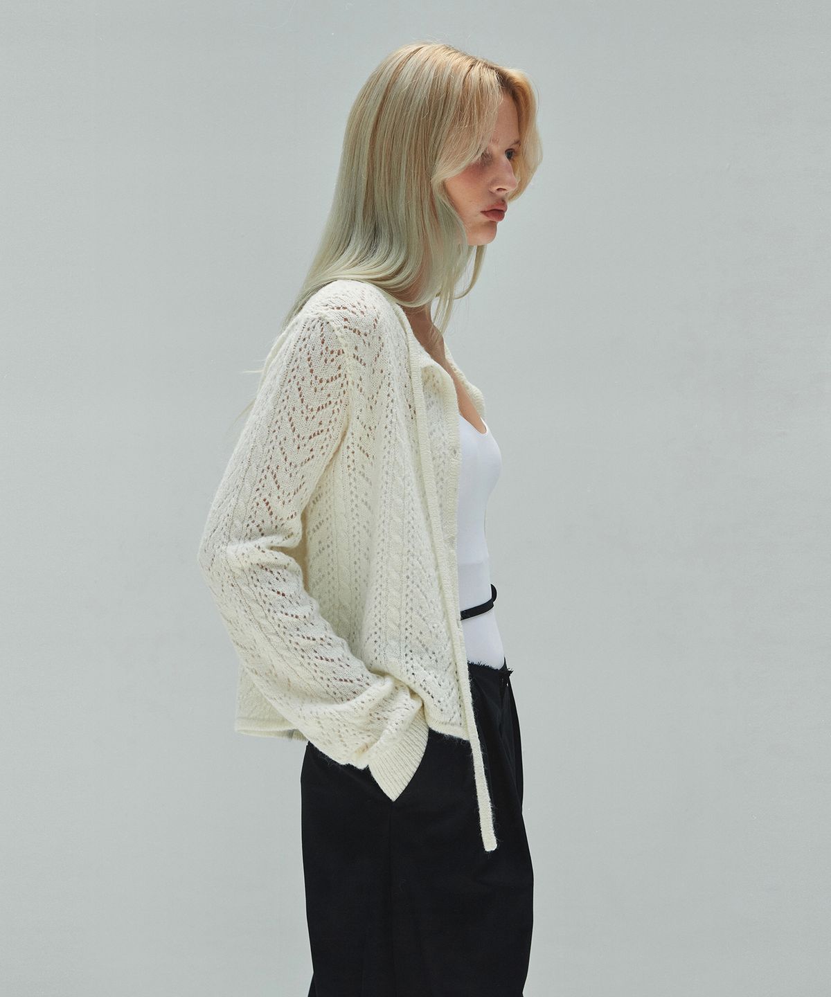 다이애그널(DIAGONAL) LACE PUNCHING KNIT CARDIGAN (ivory)