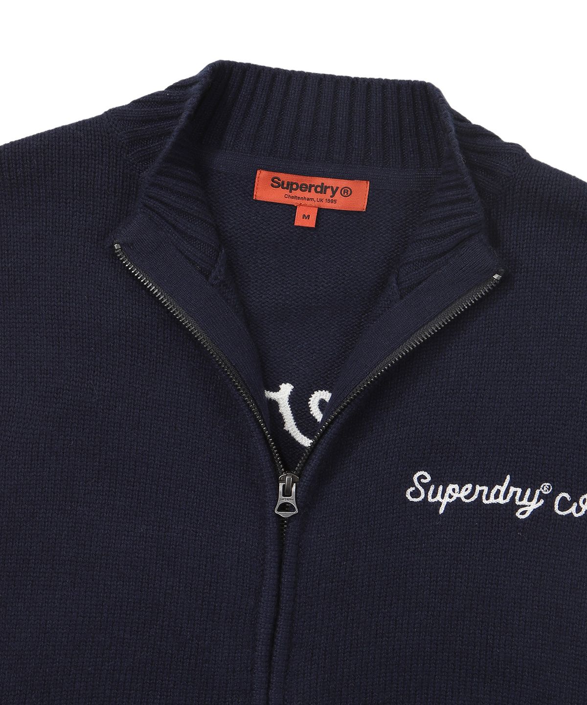 슈퍼드라이(SUPERDRY) 바시티 자수 니트 집업 네이비