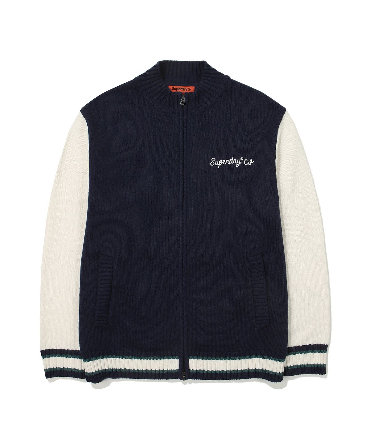 슈퍼드라이(SUPERDRY) 바시티 자수 니트 집업 네이비