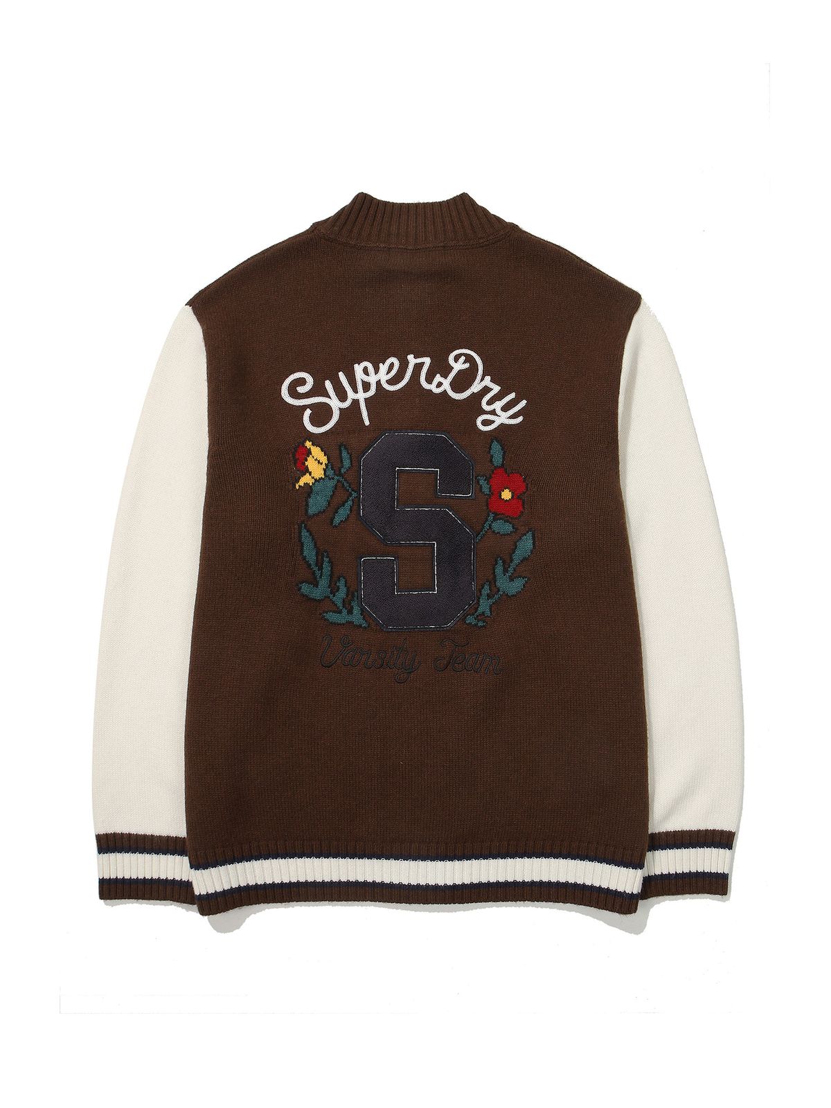 슈퍼드라이(SUPERDRY) 바시티 자수 니트 집업 브라운