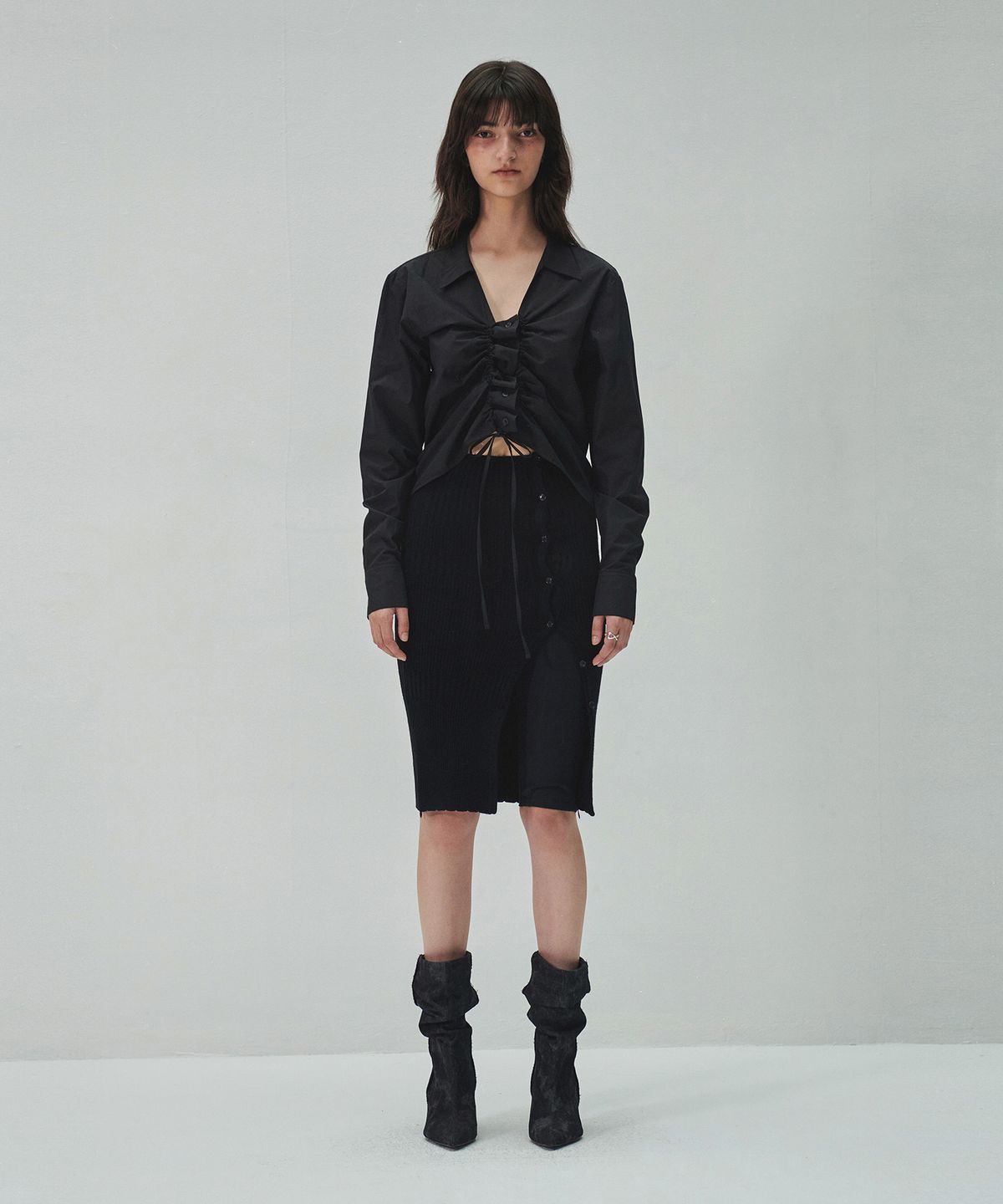 다이애그널(DIAGONAL) STRING SHIRRING SHIRTS (black)