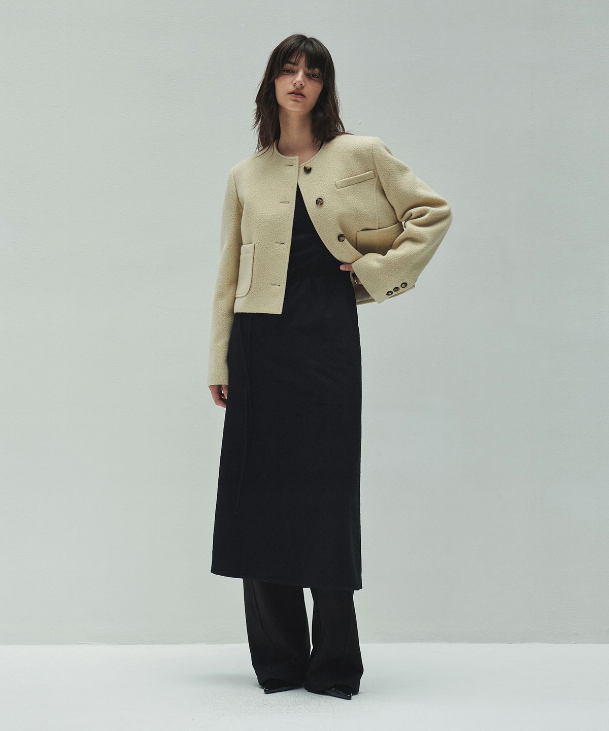 다이애그널(DIAGONAL) WOOLLY NO COLLAR JACKET (beige)