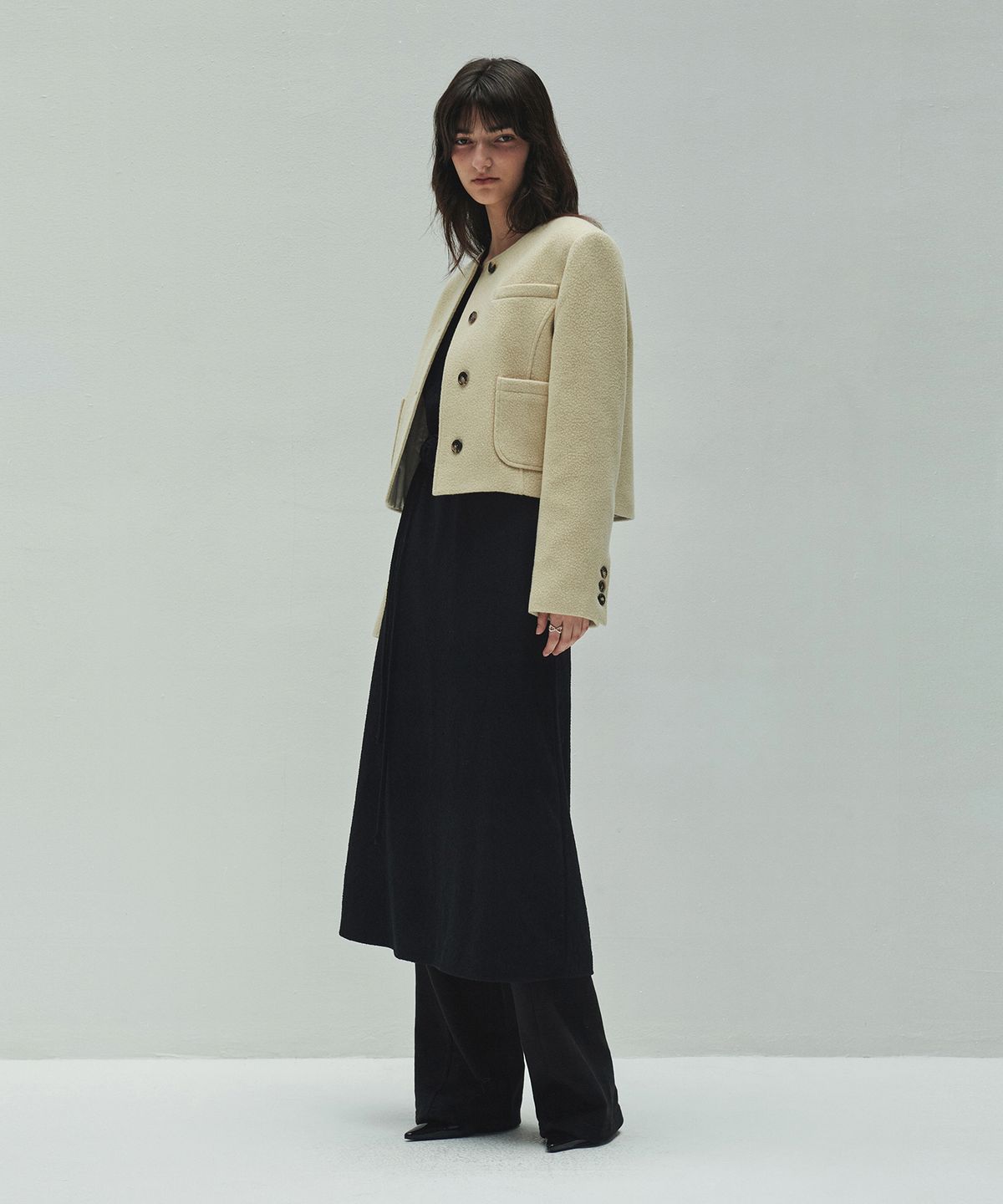 다이애그널(DIAGONAL) WOOLLY NO COLLAR JACKET (beige)