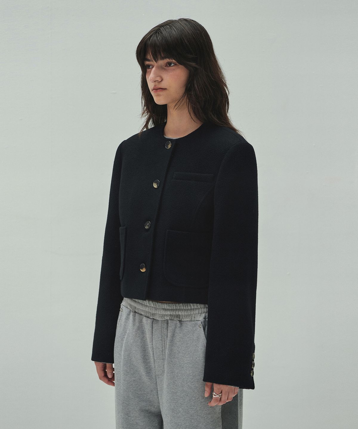 다이애그널(DIAGONAL) WOOLLY NO COLLAR JACKET (black)