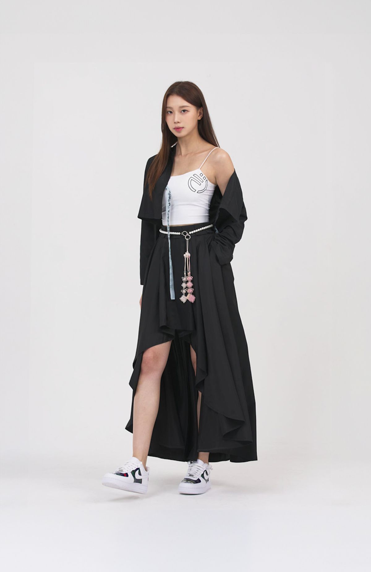 신서울(SHEENSEOUL) SATIN 튤립 스커트,진주 허리띠 set