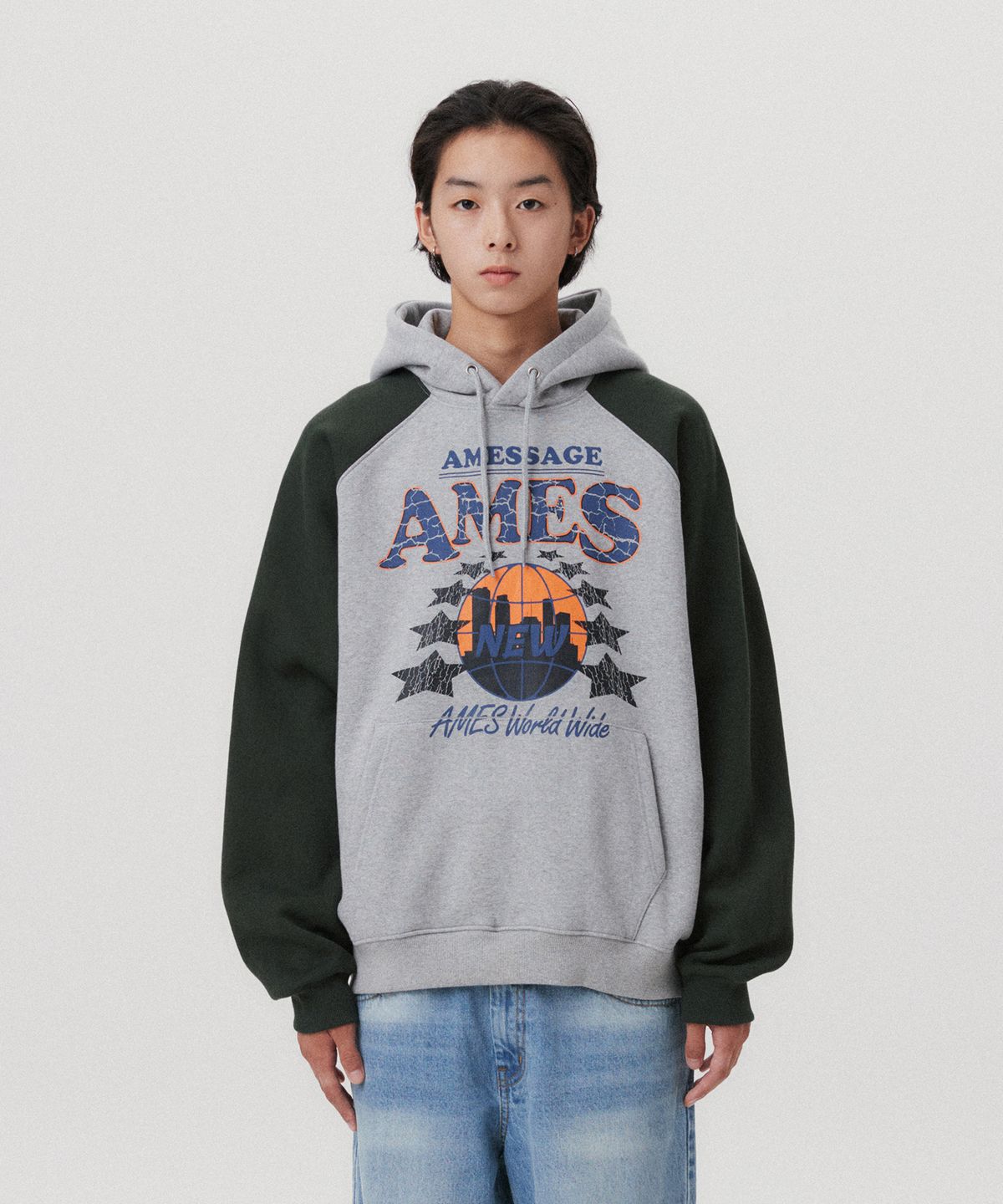 아메스 월드와이드(AMES-WORLDWIDE) VINTAGE WORLD GRAPHIC RAGLAN HOODIE GREY