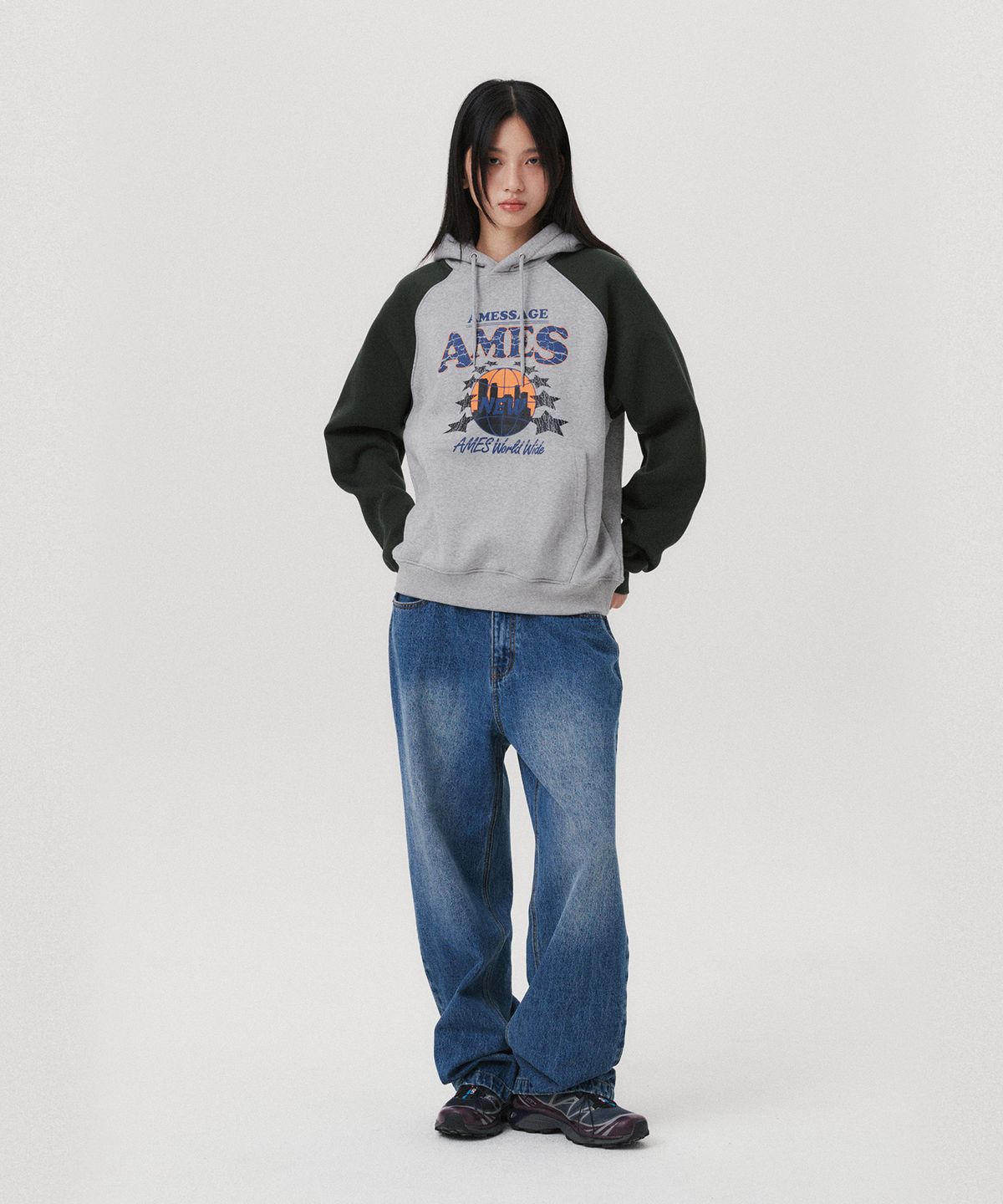 아메스 월드와이드(AMES-WORLDWIDE) VINTAGE WORLD GRAPHIC RAGLAN HOODIE GREY