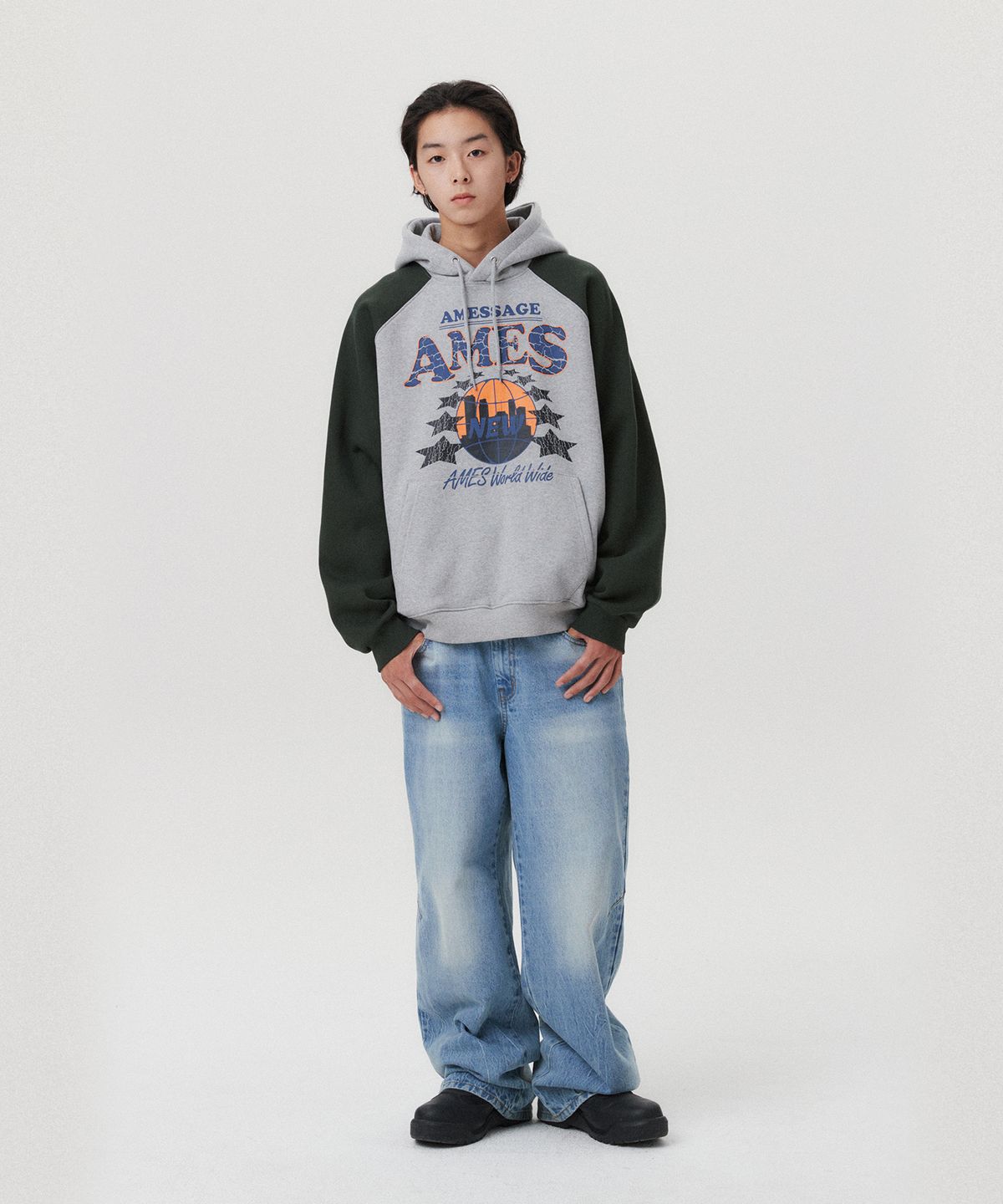 아메스 월드와이드(AMES-WORLDWIDE) VINTAGE WORLD GRAPHIC RAGLAN HOODIE GREY