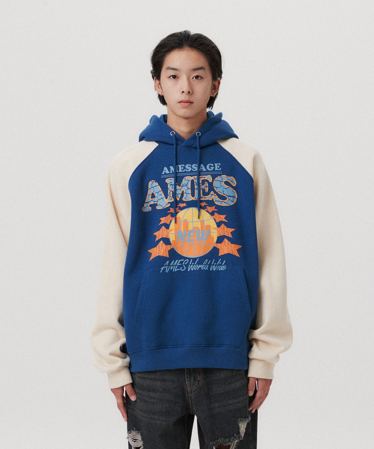 아메스 월드와이드(AMES-WORLDWIDE) VINTAGE WORLD GRAPHIC RAGLAN HOODIE NAVY