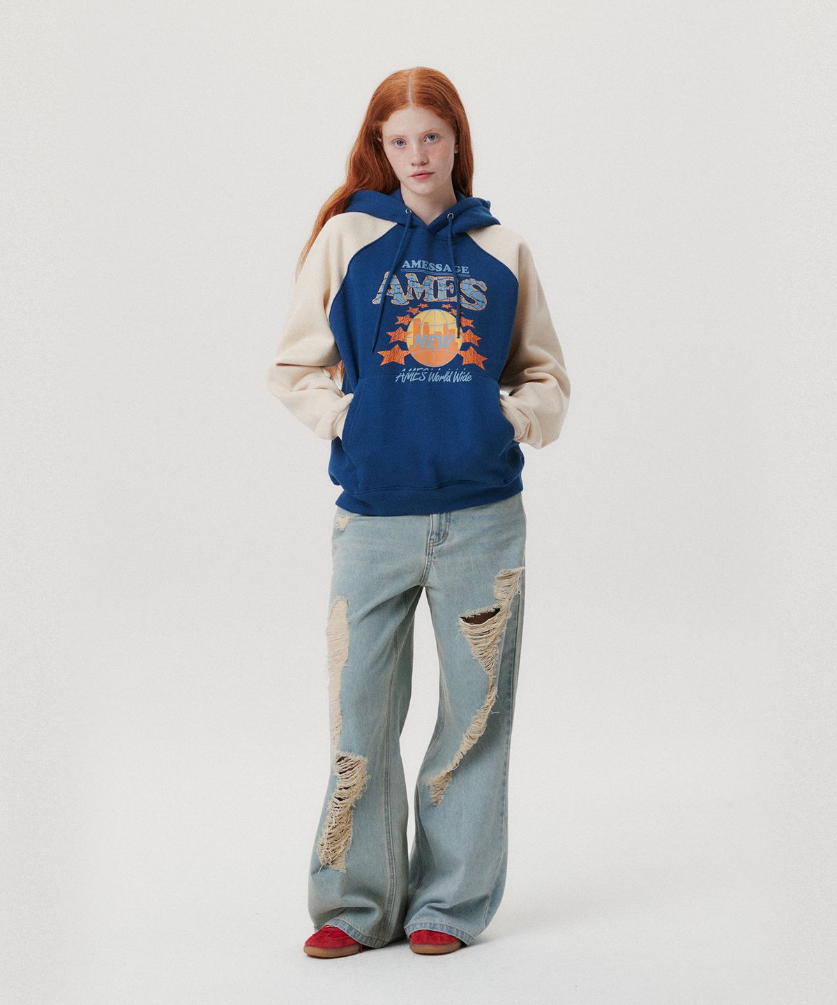 아메스 월드와이드(AMES-WORLDWIDE) VINTAGE WORLD GRAPHIC RAGLAN HOODIE NAVY