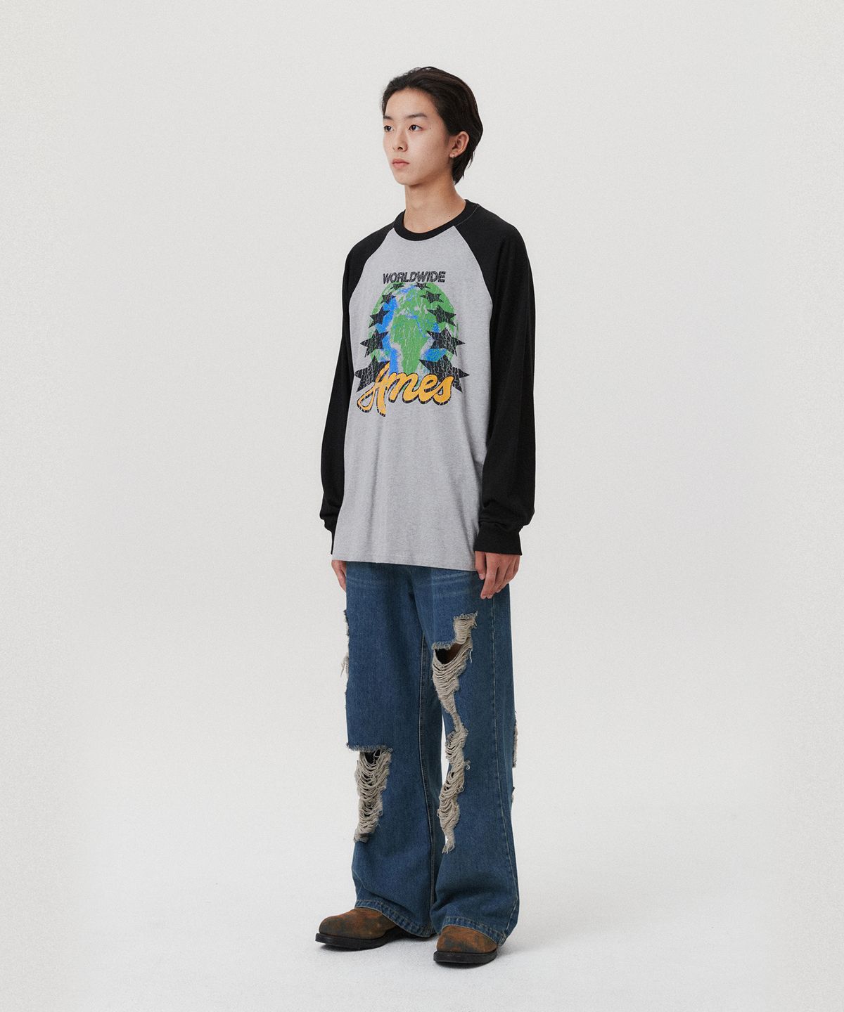 아메스 월드와이드(AMES-WORLDWIDE) VINTAGE EARTH GRAPHIC LS TEE GREY