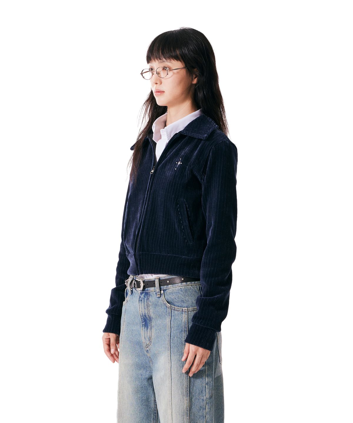 이우가마카라스(IUGAMAKARAS) Velour Collar Zip-Up Jacket (Navy)