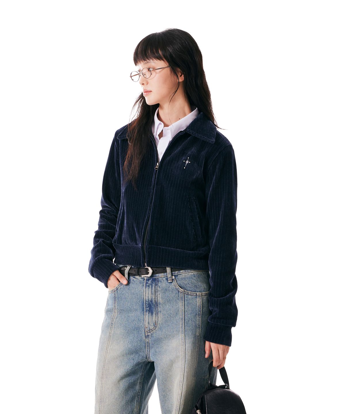 이우가마카라스(IUGAMAKARAS) Velour Collar Zip-Up Jacket (Navy)