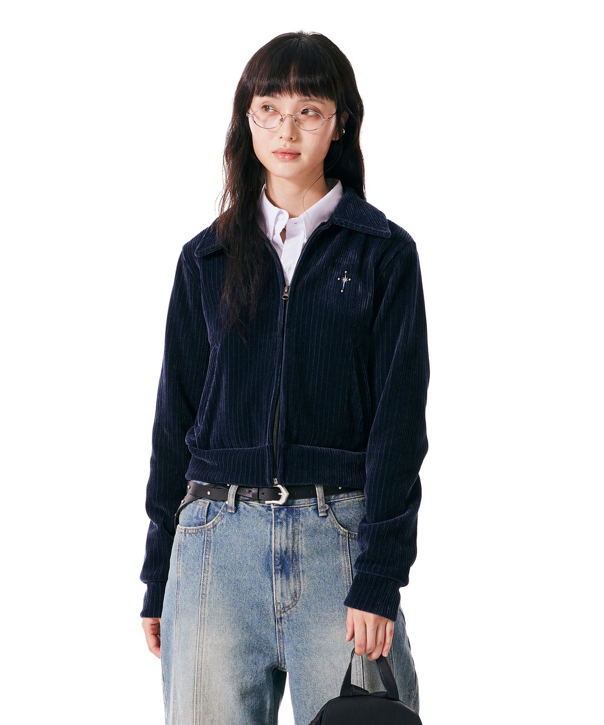이우가마카라스(IUGAMAKARAS) Velour Collar Zip-Up Jacket (Navy)