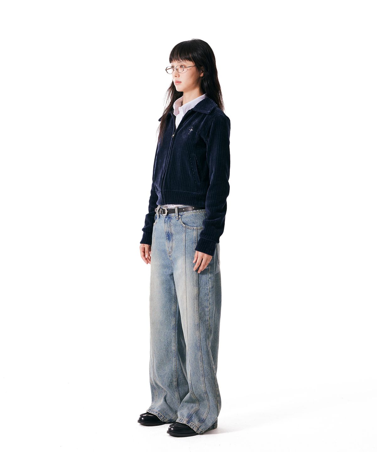 이우가마카라스(IUGAMAKARAS) Velour Collar Zip-Up Jacket (Navy)