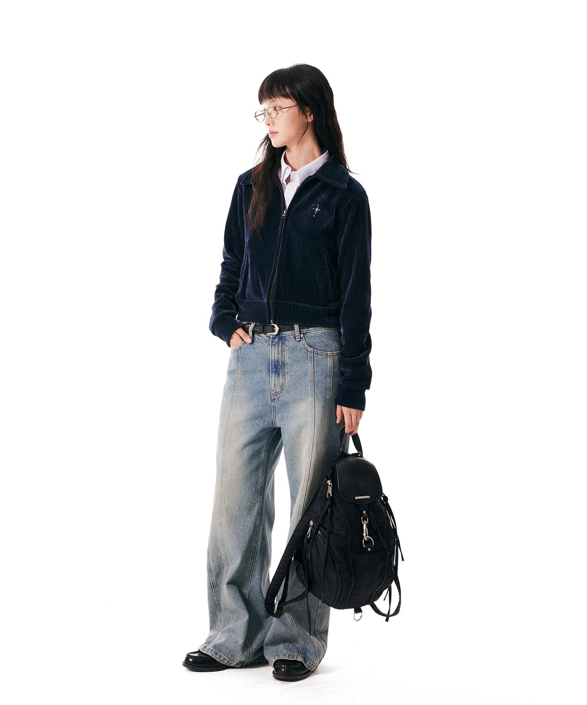 이우가마카라스(IUGAMAKARAS) Velour Collar Zip-Up Jacket (Navy)