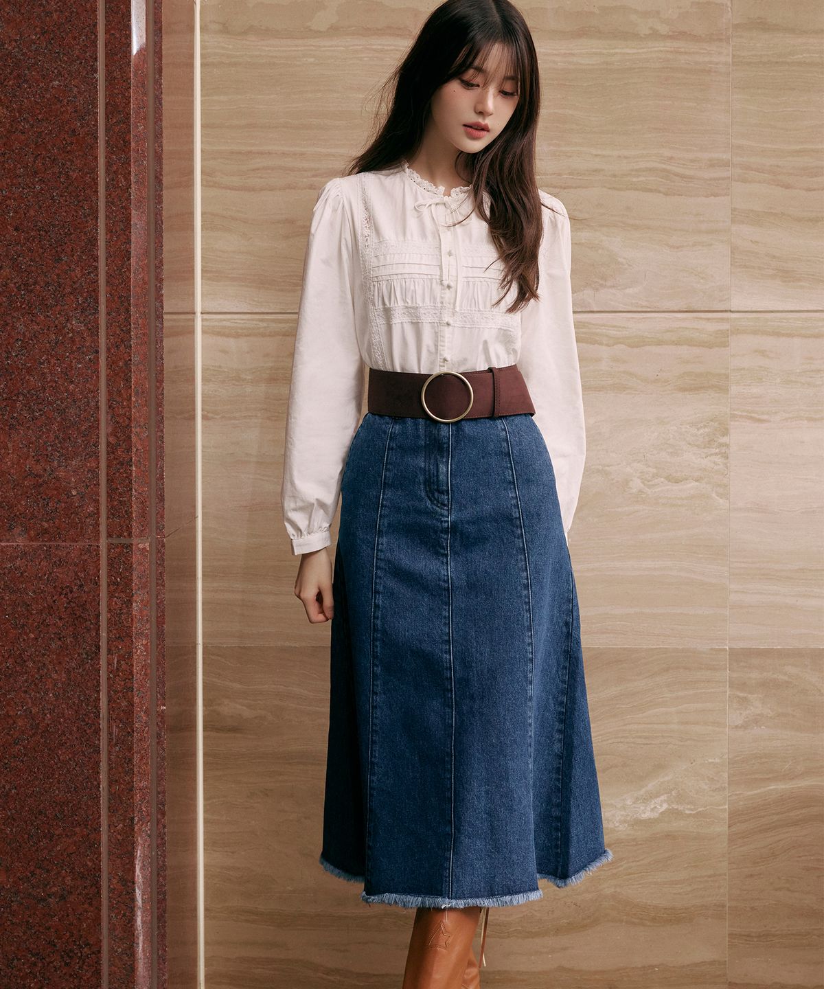 로라로라(ROLAROLA) MERMAID DENIM SKIRT DEEP BLUE
