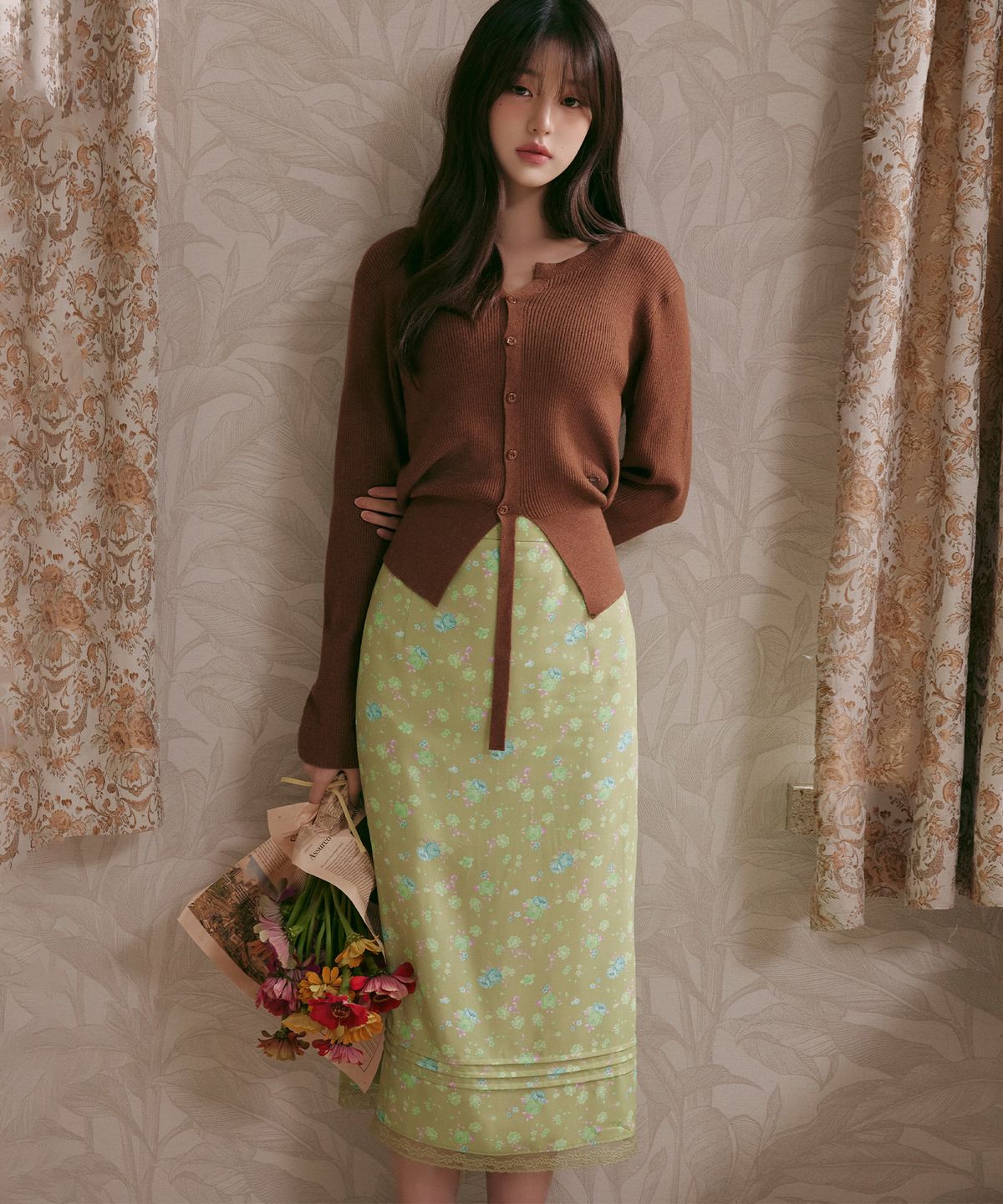 로라로라(ROLAROLA) FLOWER LONG SKIRT GREEN