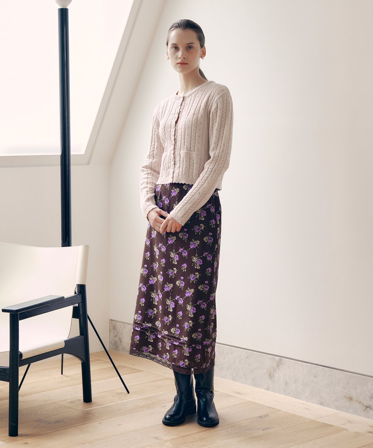 로라로라(ROLAROLA) FLOWER LONG SKIRT BROWN