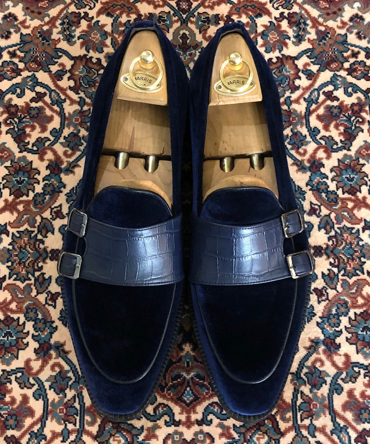 조앤슈(JOENSHOE) 벨라 슬림 쿼터 벨벳콤비 몽크스트랩 네이비