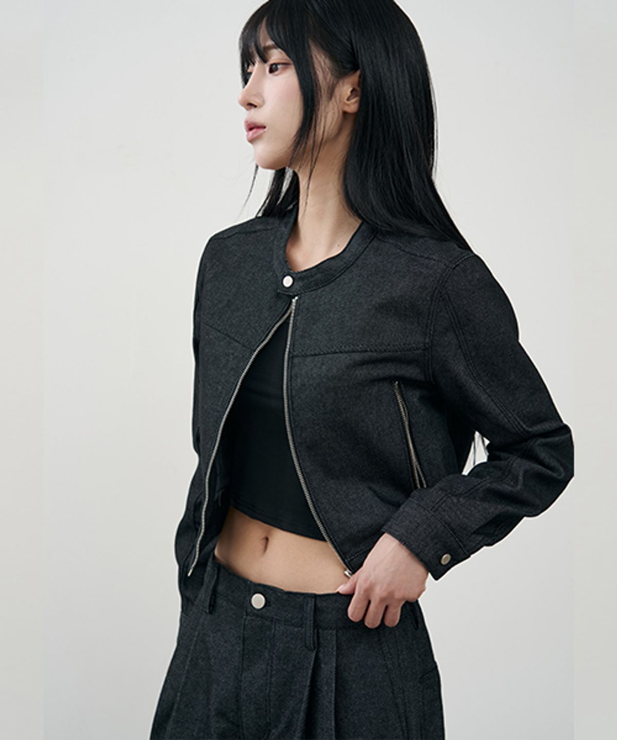 어레이드(ARRAYED) [논 페이드] 버티컬 바이커 크롭 데님 자켓 [BROWN]