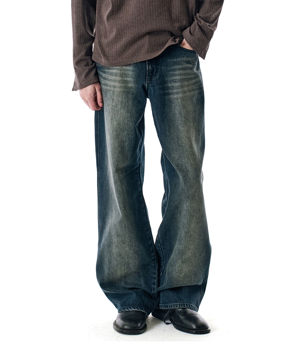세컨모놀로그(SECONDMONO) 3 Stitched Wide Washed Denim Pants [DBLUE]_SEPT056DBLUE
