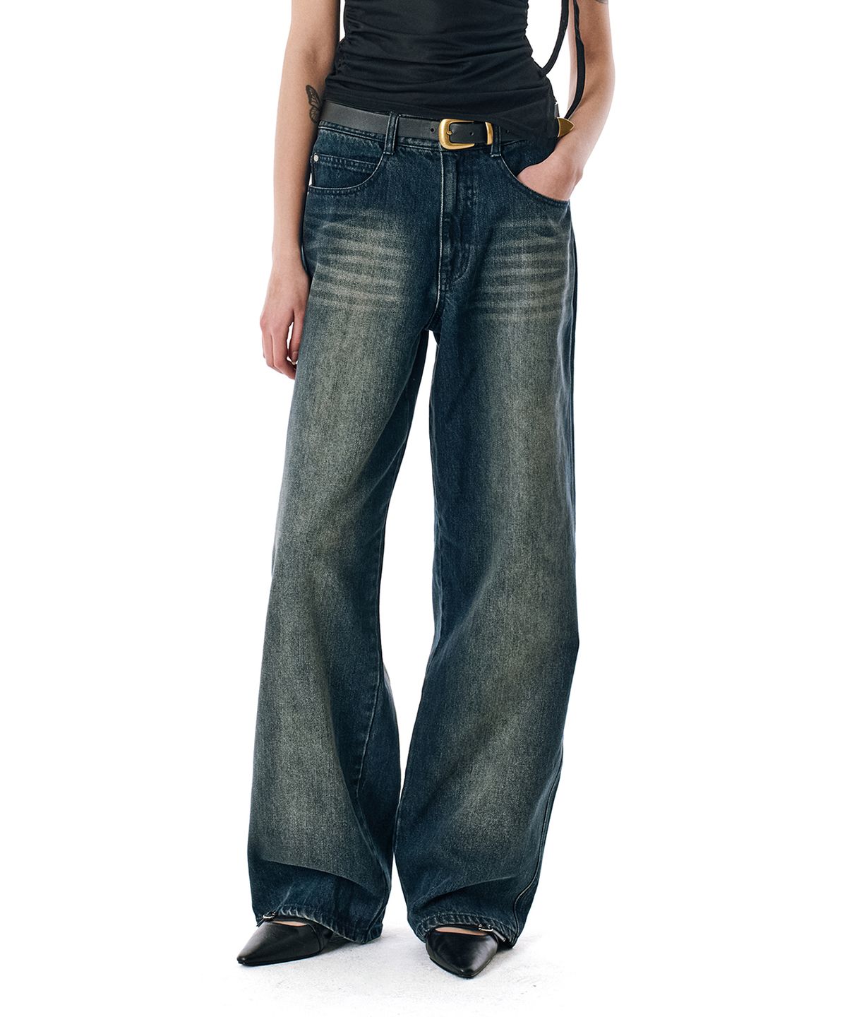 세컨모놀로그(SECONDMONO) 3 Stitched Wide Washed Denim Pants [DBLUE]_SEPT056DBLUE