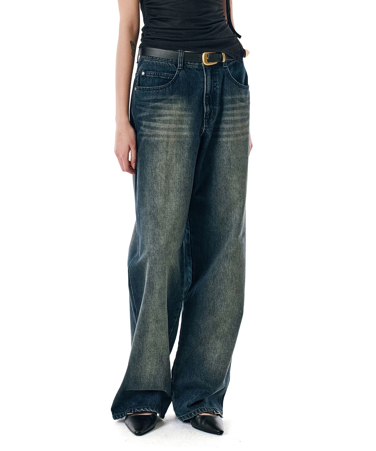 세컨모놀로그(SECONDMONO) 3 Stitched Wide Washed Denim Pants [DBLUE]_SEPT056DBLUE