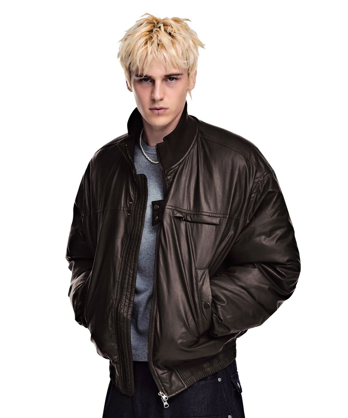 세컨모놀로그(SECONDMONO) [리뉴얼ver.]Leather Turtleneck Bomber Puffer Jacket [BROWN]_SEJP017BROWN