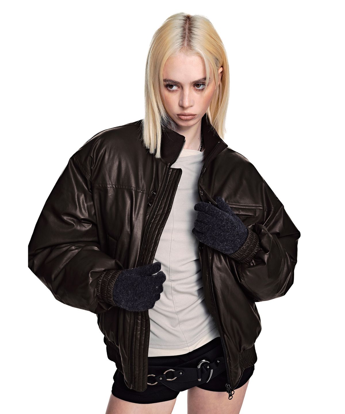 세컨모놀로그(SECONDMONO) [리뉴얼ver.]Leather Turtleneck Bomber Puffer Jacket [BROWN]_SEJP017BROWN