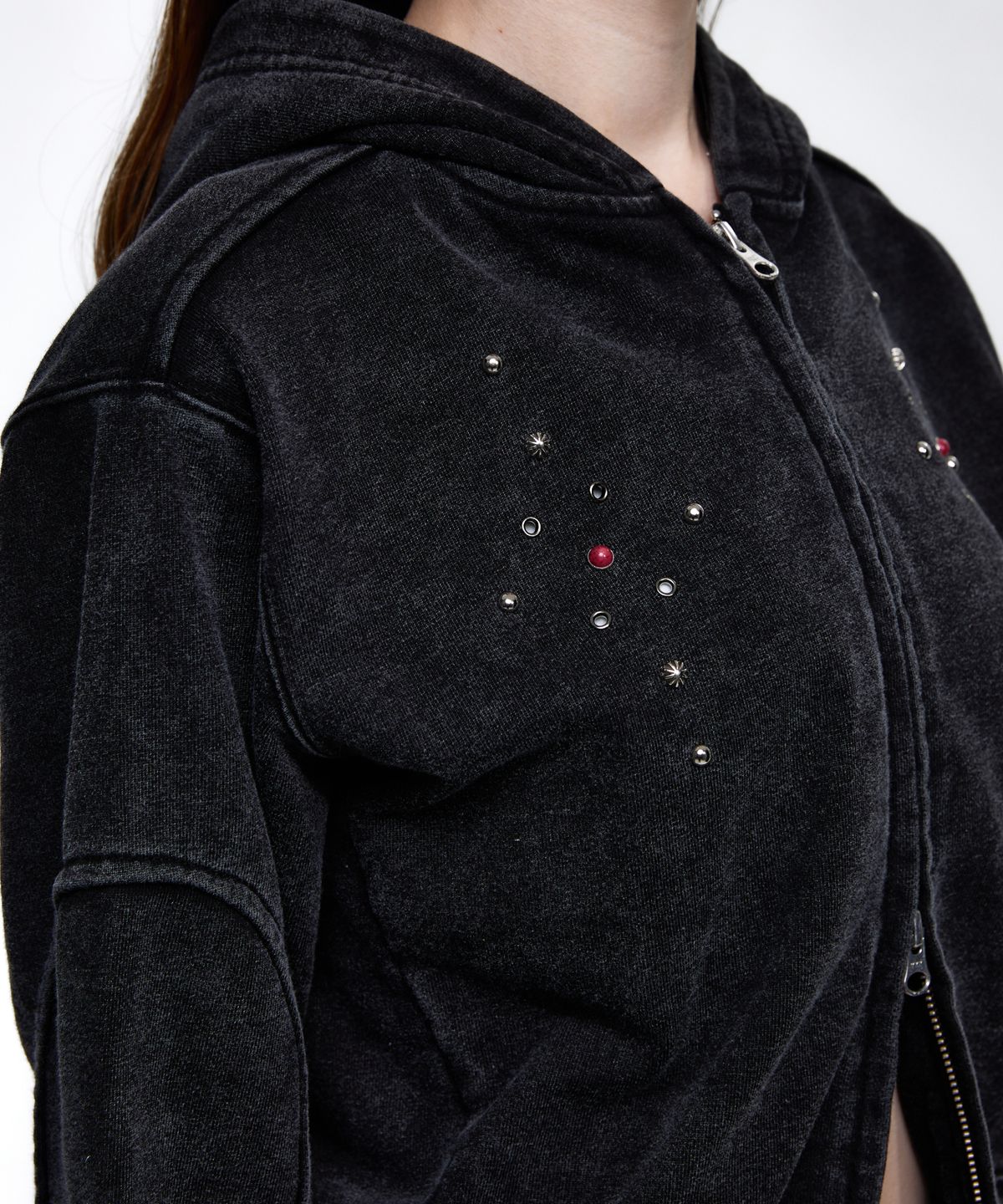 알에스에스씨(RSSC) RIVET WASHING CROP HOOD ZIPUP - BLACK