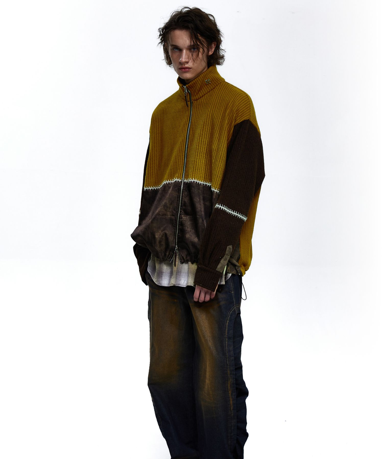 MUSINSA公式 | RSSC STITCHED MIX KNIT ZIP UP - MUSTARD/BROWN