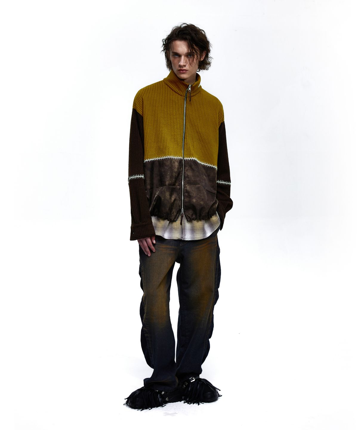 알에스에스씨(RSSC) STITCHED MIX KNIT ZIP UP - MUSTARD/BROWN