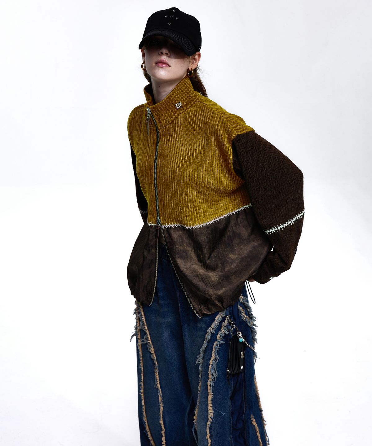 알에스에스씨(RSSC) STITCHED MIX KNIT ZIP UP - MUSTARD/BROWN