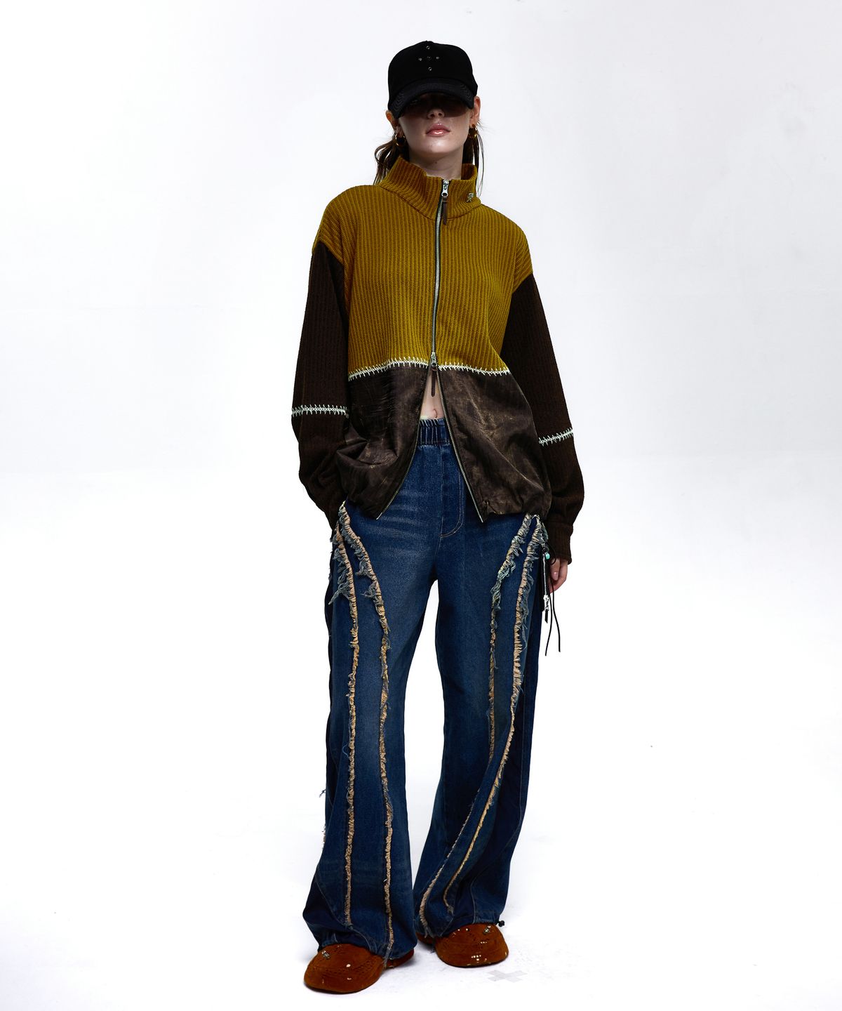 알에스에스씨(RSSC) STITCHED MIX KNIT ZIP UP - MUSTARD/BROWN