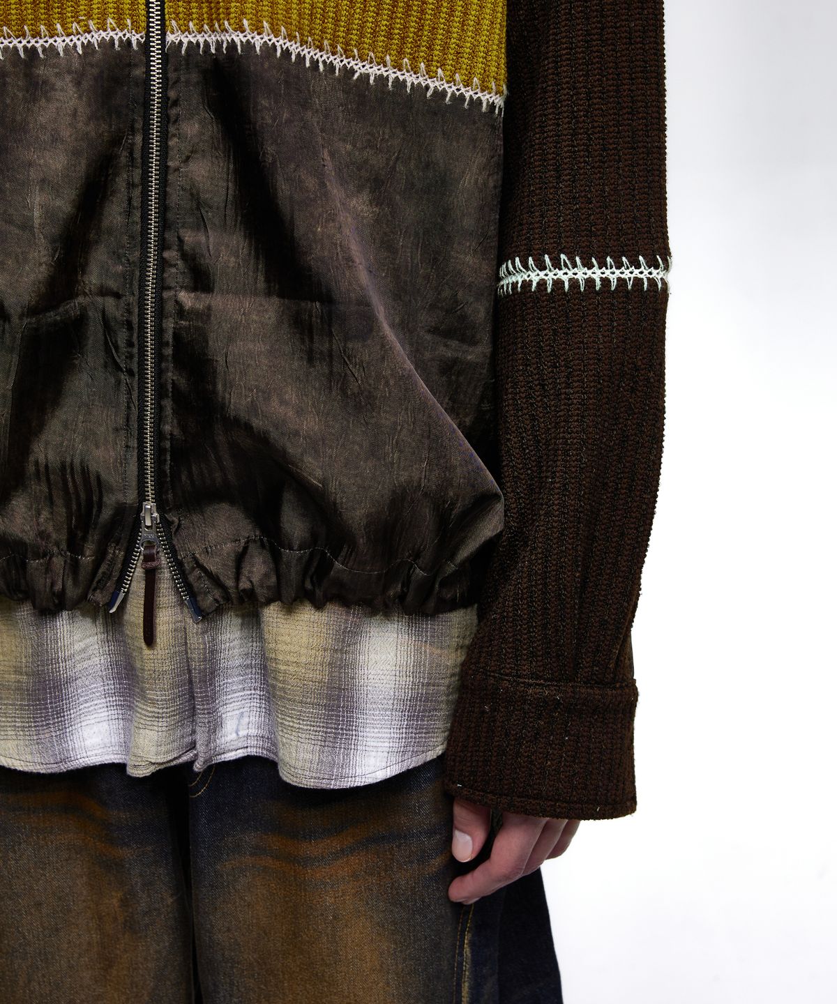 알에스에스씨(RSSC) STITCHED MIX KNIT ZIP UP - MUSTARD/BROWN