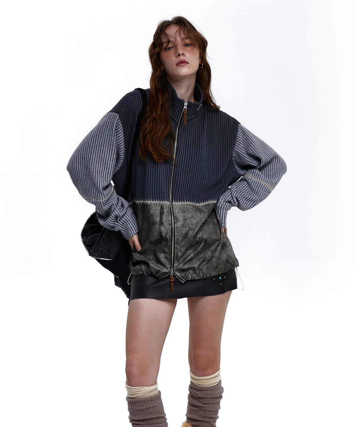 알에스에스씨(RSSC) STITCHED MIX KNIT ZIP UP - CHARCOAL/GRAY