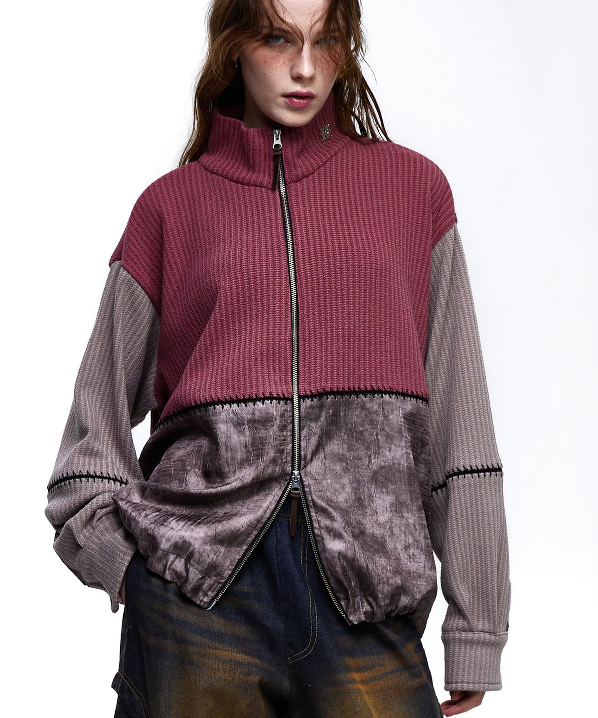 알에스에스씨(RSSC) STITCHED MIX KNIT ZIP UP - PINK/BEIGE