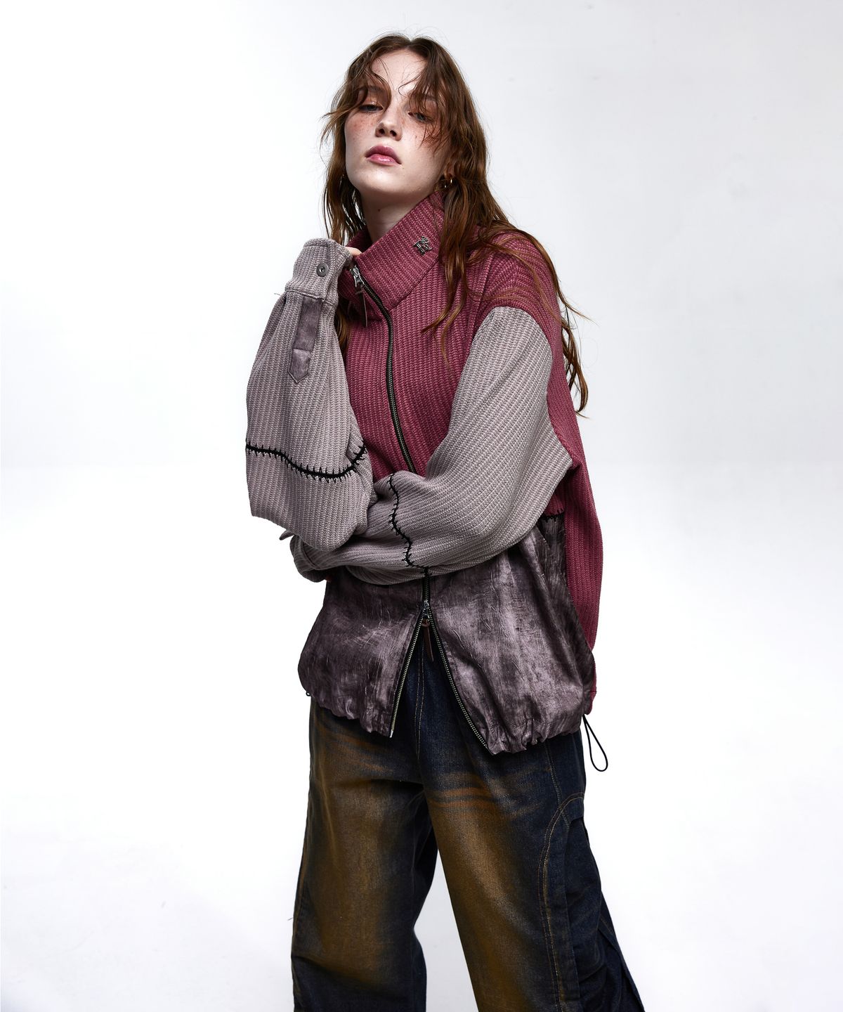 알에스에스씨(RSSC) STITCHED MIX KNIT ZIP UP - PINK/BEIGE