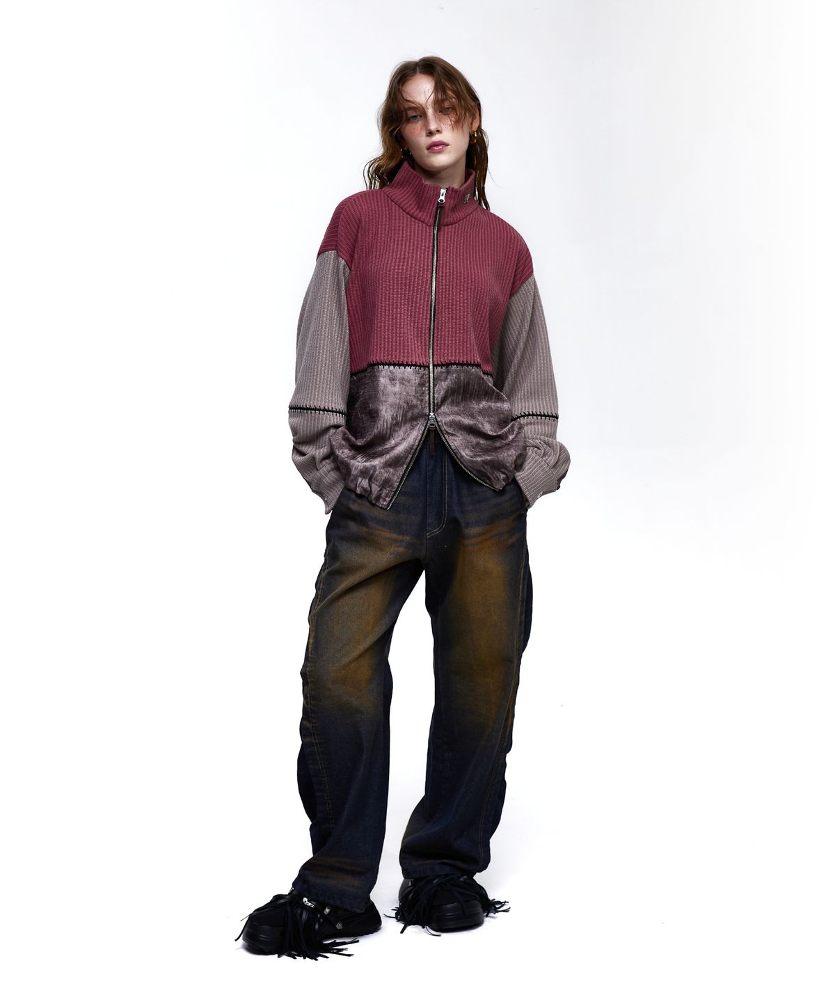 알에스에스씨(RSSC) STITCHED MIX KNIT ZIP UP - PINK/BEIGE