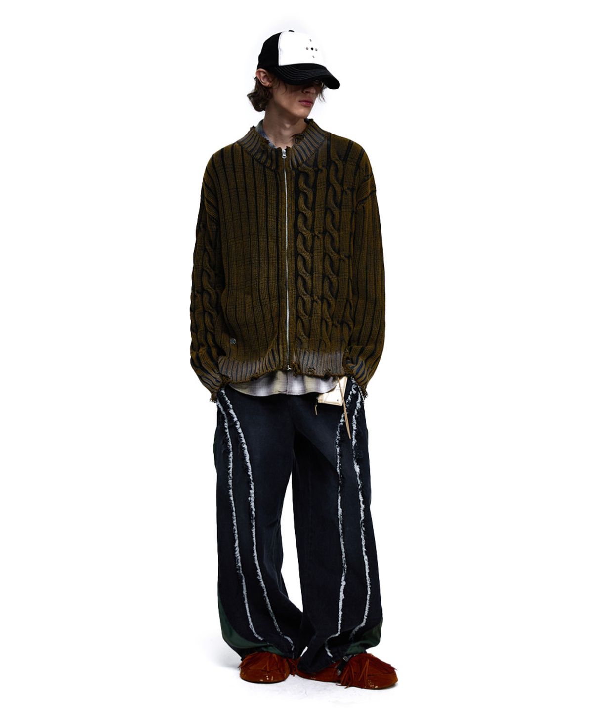 알에스에스씨(RSSC) DAMAGE WASHING MIX KNIT ZIP UP - BROWN