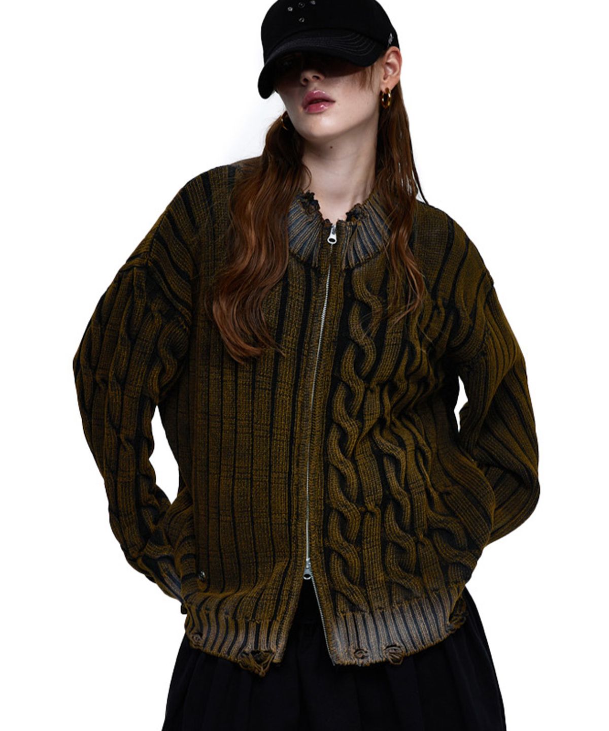 알에스에스씨(RSSC) DAMAGE WASHING MIX KNIT ZIP UP - BROWN