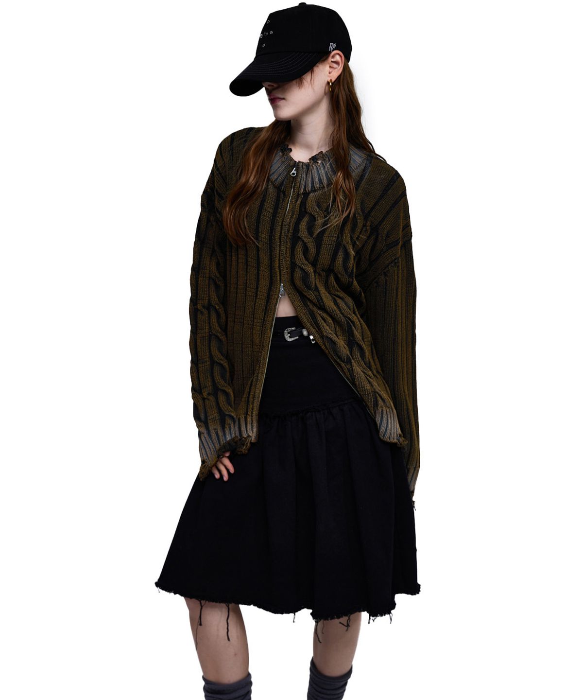 알에스에스씨(RSSC) DAMAGE WASHING MIX KNIT ZIP UP - BROWN