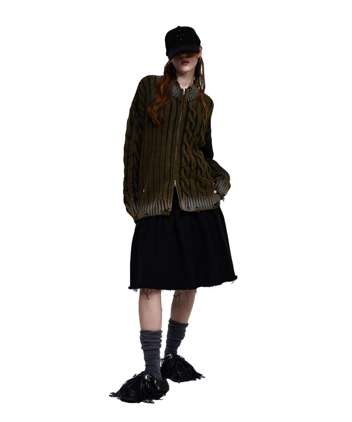 알에스에스씨(RSSC) DAMAGE WASHING MIX KNIT ZIP UP - BROWN