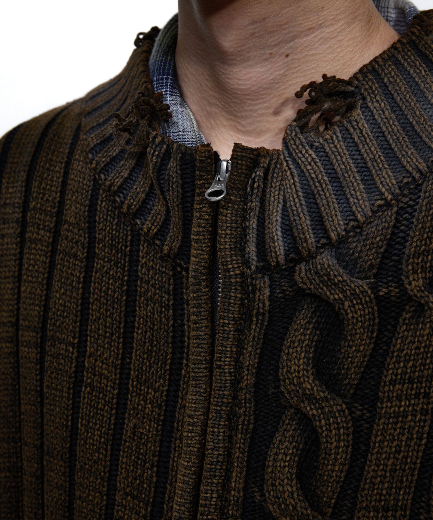 MUSINSA | RSSC DAMAGE WASHING MIX KNIT ZIP UP - BROWN