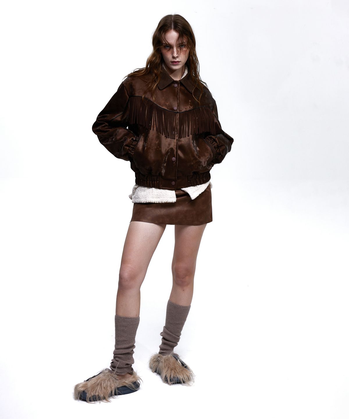 알에스에스씨(RSSC) SUEDE FRINGE LEATHER JUMPER - BROWN