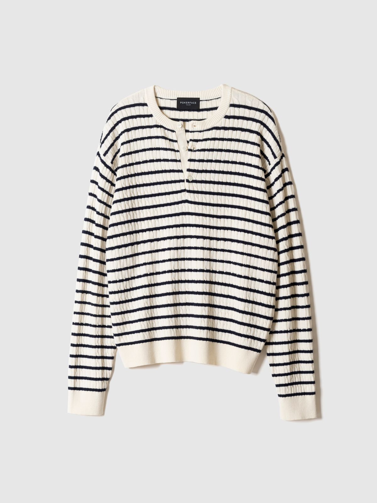 포커페이스(POKERFACE) CABLE STRIPE HENLEY NECK KNIT IVORY