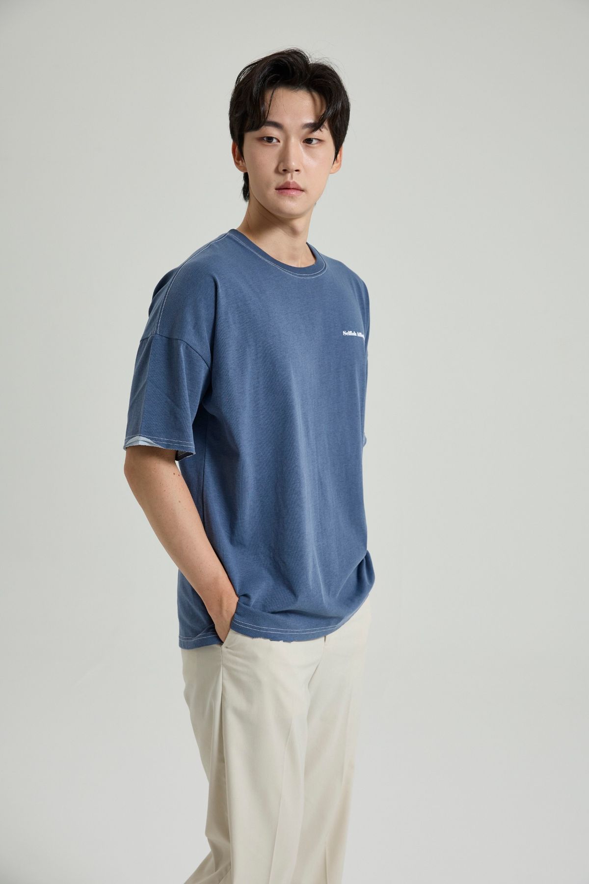 셀피시어펙션(SELFISHAFFECTION) Distressed Figment Washed T-Shirt (Navy)