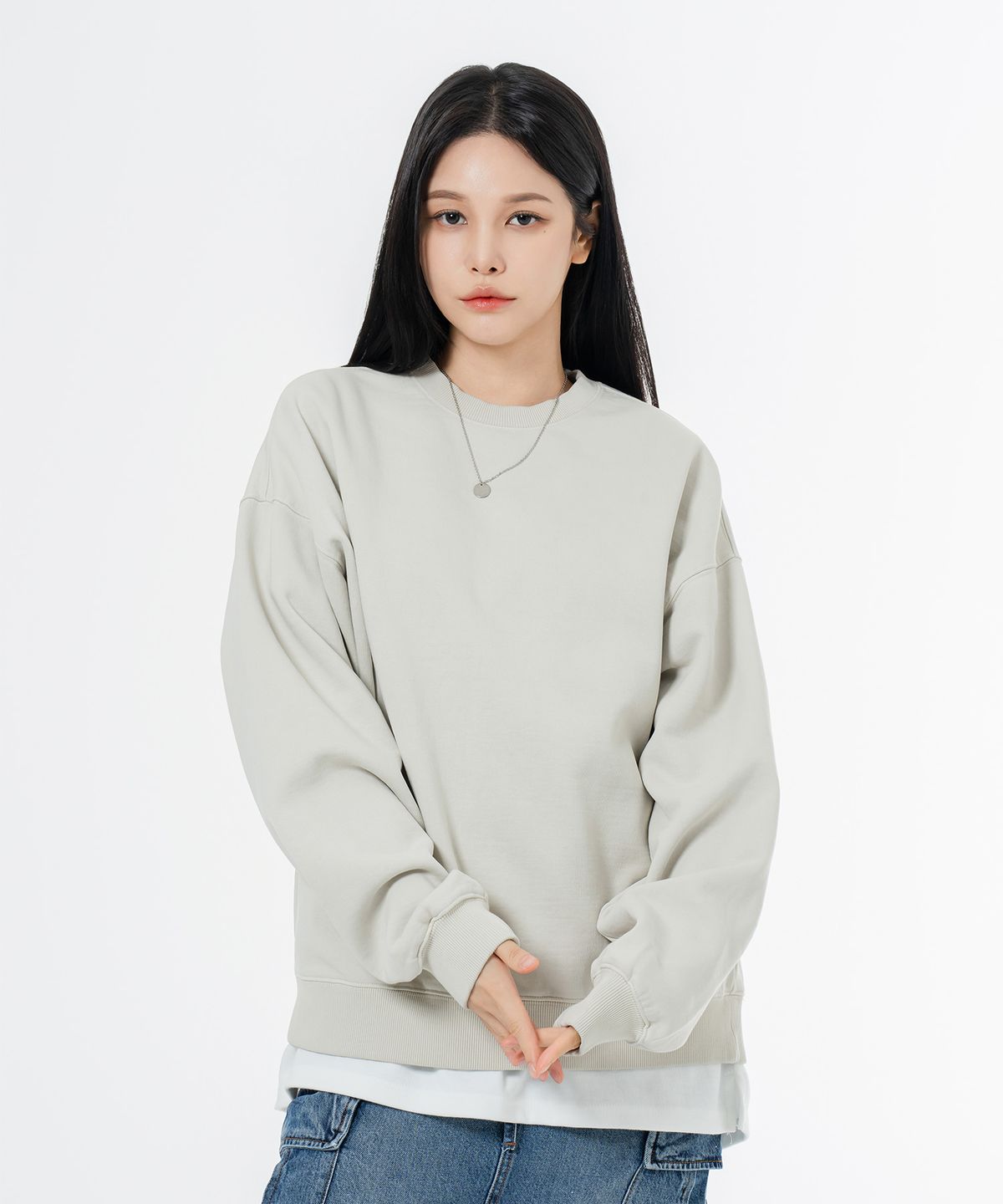 모즈모즈(MOZMOZ) 테리 기모 피그먼트 백스티치 오버핏 맨투맨 베이지